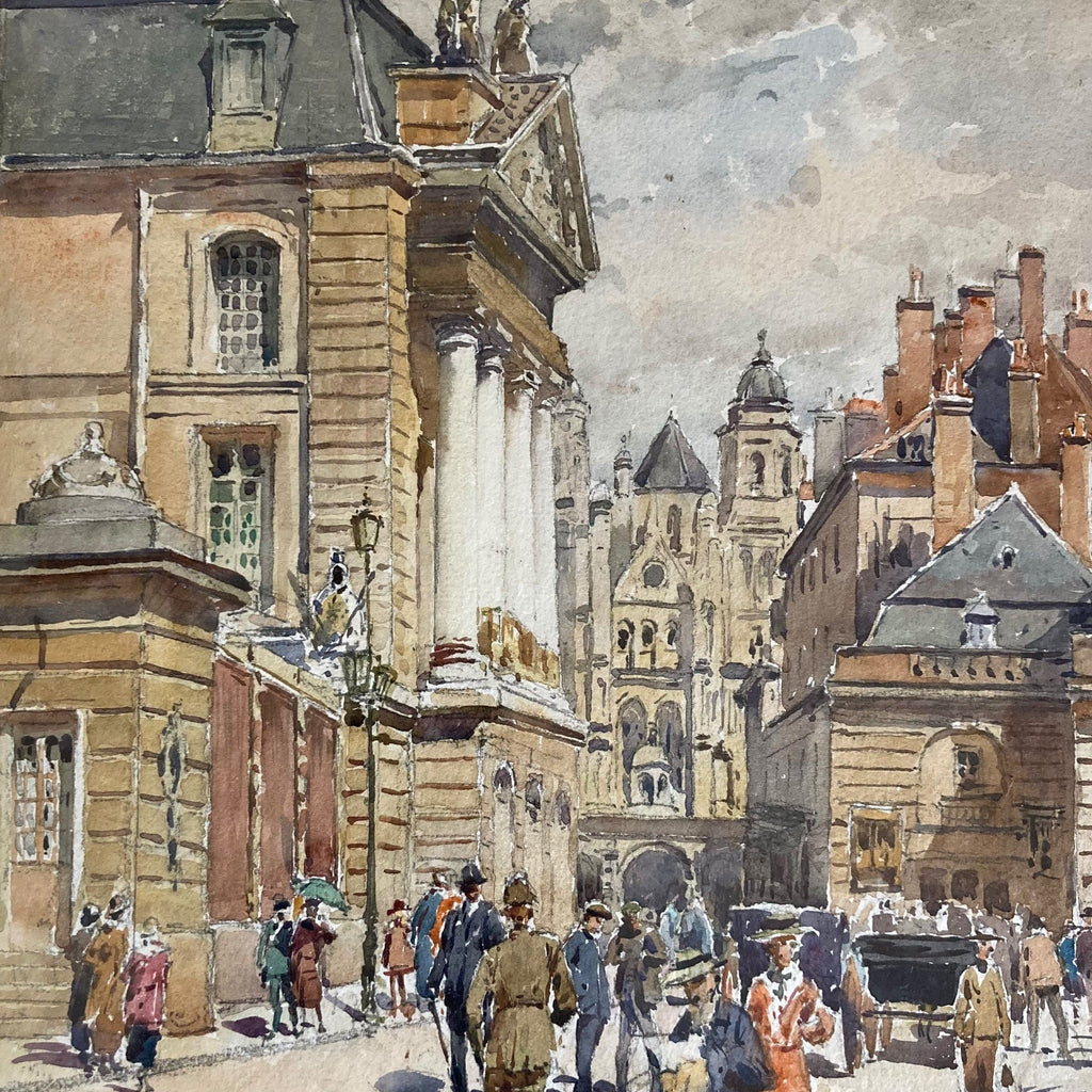 Aquarelle de Paul Lippe datée de 1919 représentant un vue de Dijon, Place d Armes et rue Rameau.