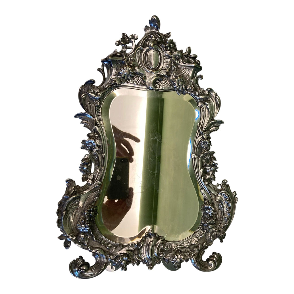 Ancien miroir fin 19e. de style rocaille en bronze argenté