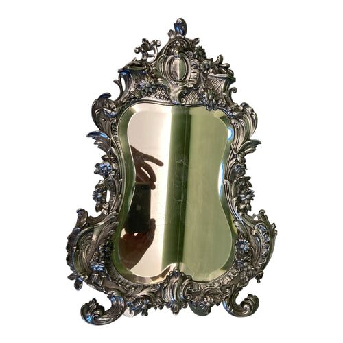 Ancien miroir fin 19e. de style rocaille en bronze argenté