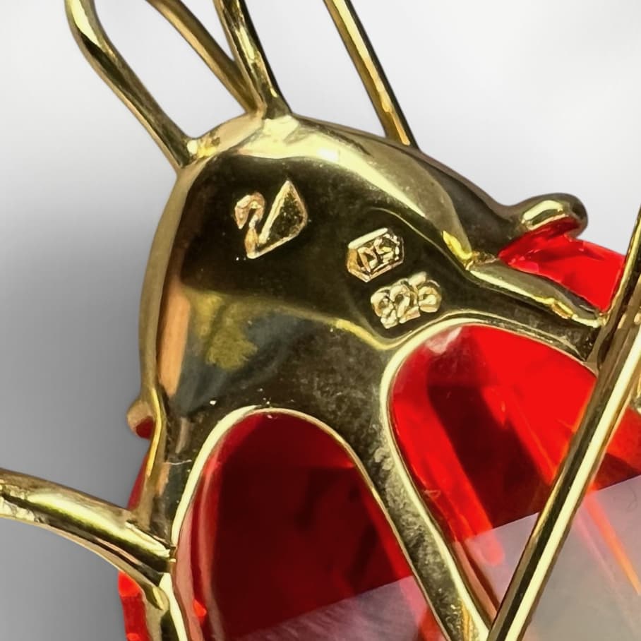Broche scarabée Swarovski Fire Opal en argent 925 vermeil avec cristal rouge orange et écrin d'origine