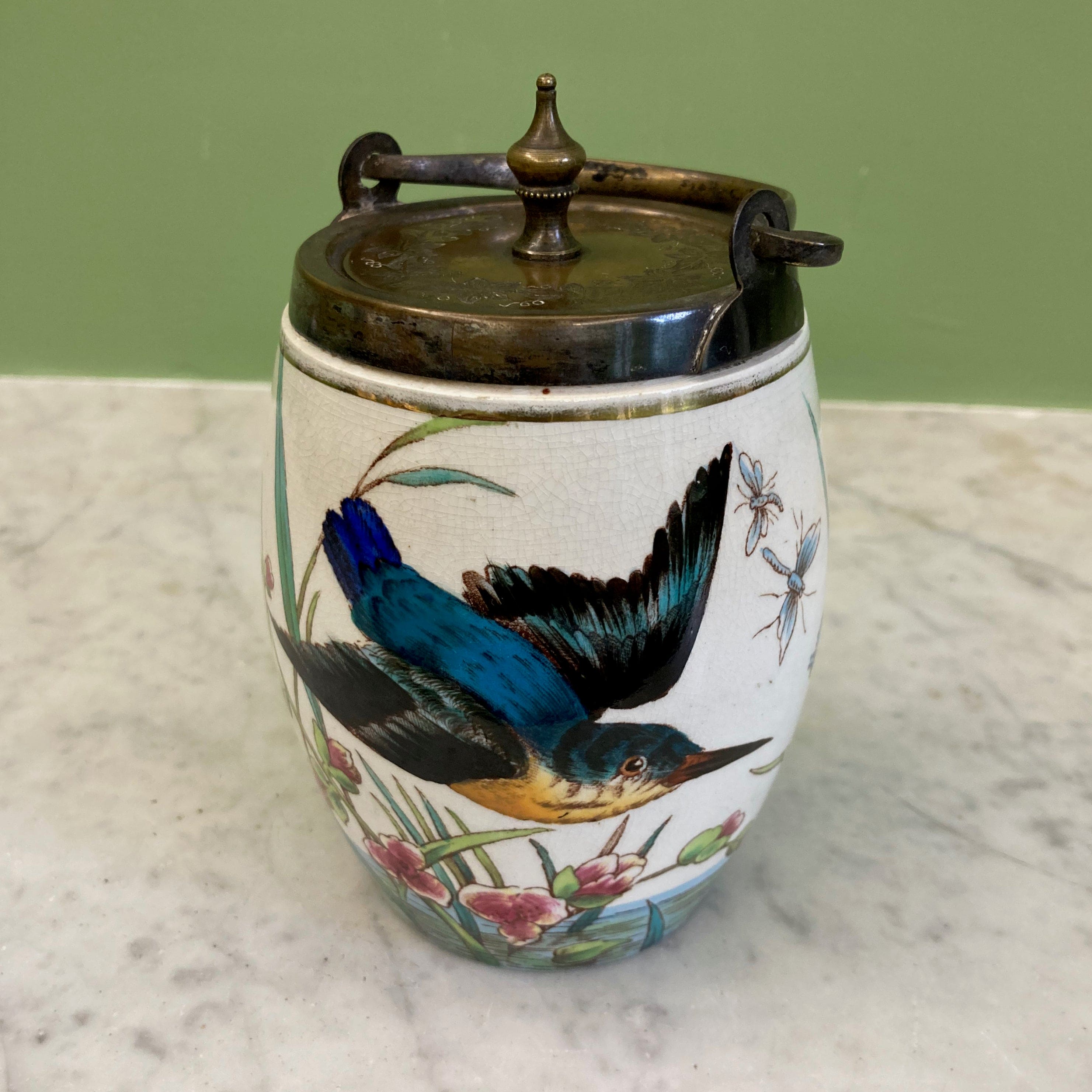 seau à biscuit en faïence décor oiseaux