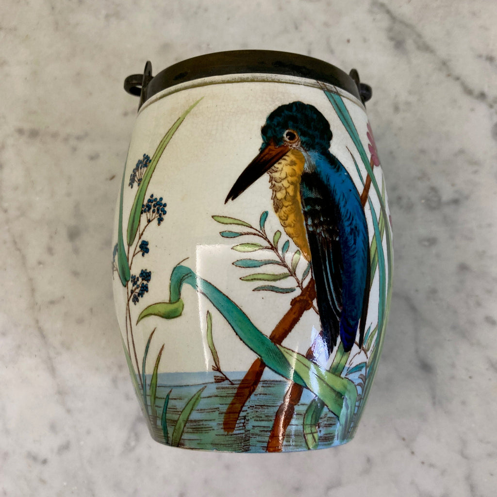 seau à biscuit en faïence décor oiseaux