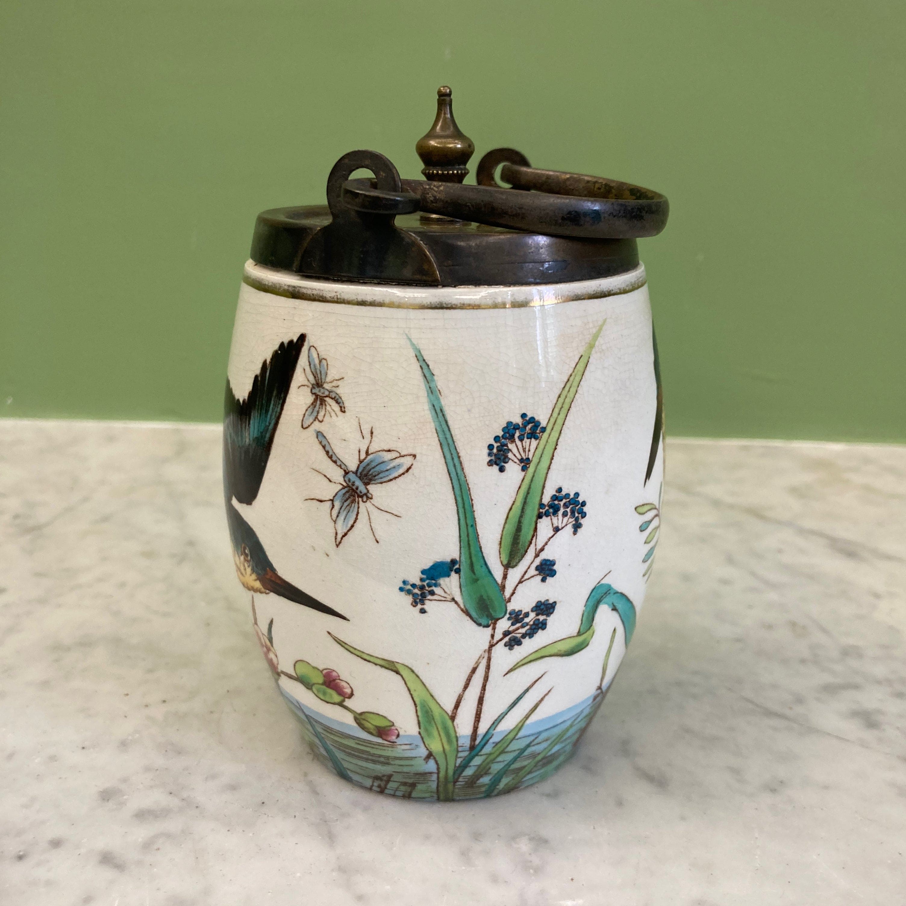 seau à biscuit en faïence décor oiseaux