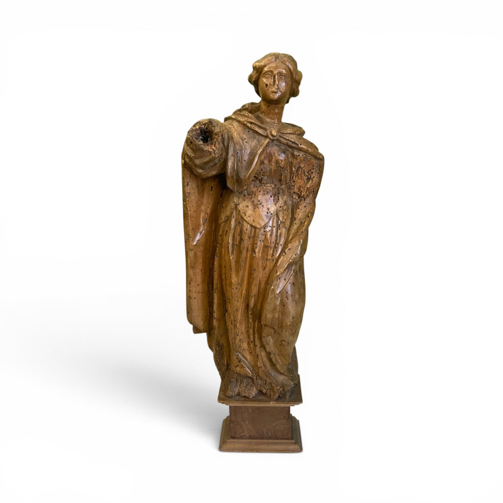 Ancienne statue en bois femme  à la cape 18ème.