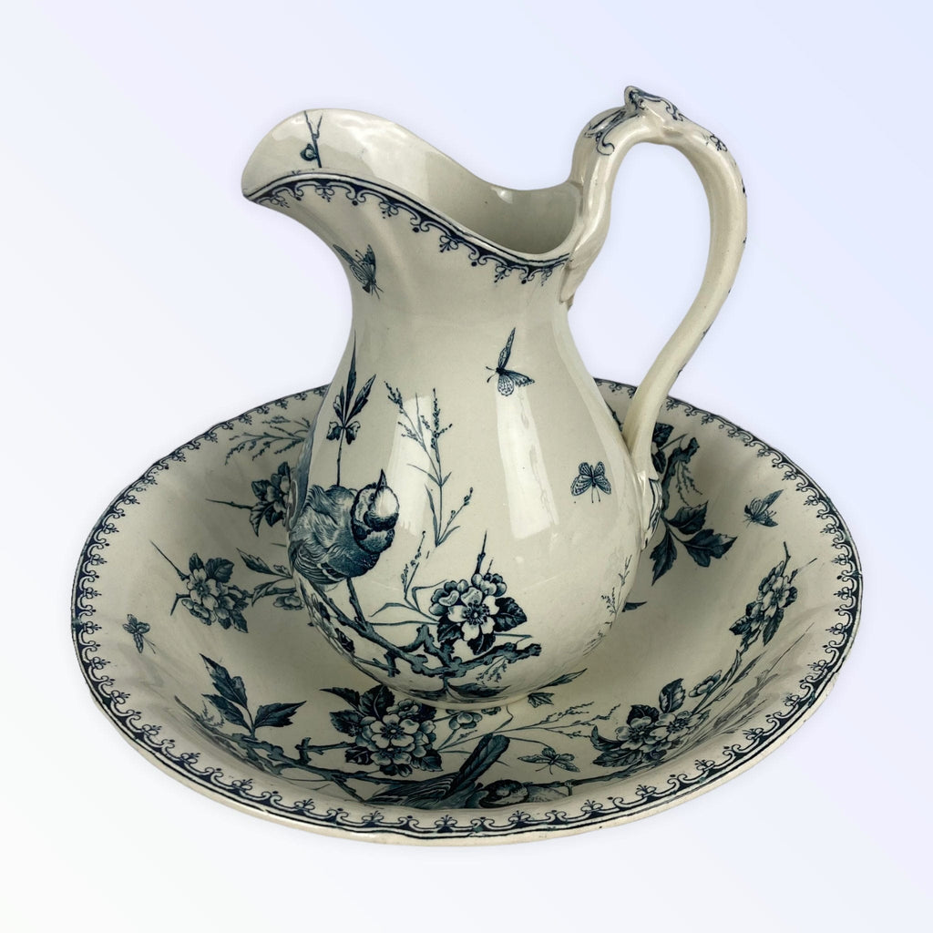 Ancien broc bassin faïence toilette Lunéville Keller & Guerain Mésanges