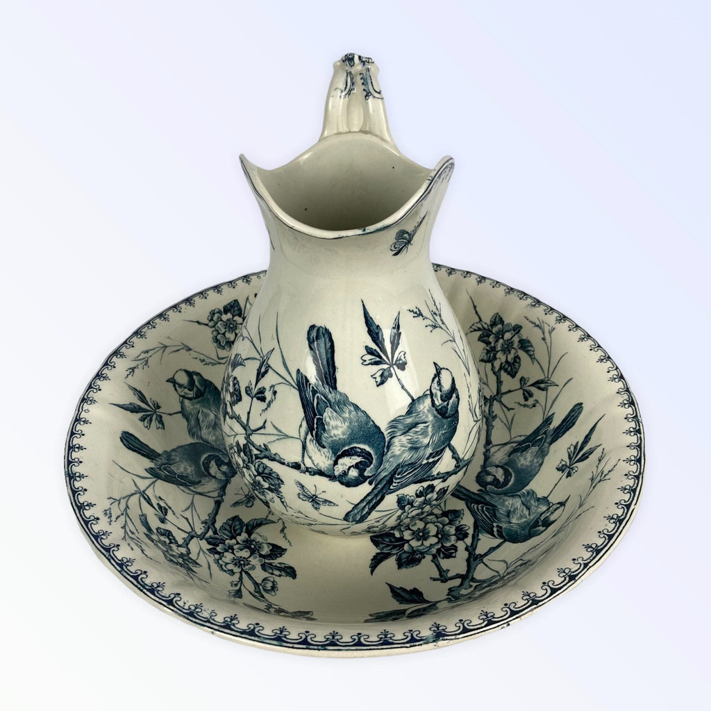 Ancien broc bassin faïence toilette Lunéville Keller & Guerain Mésanges