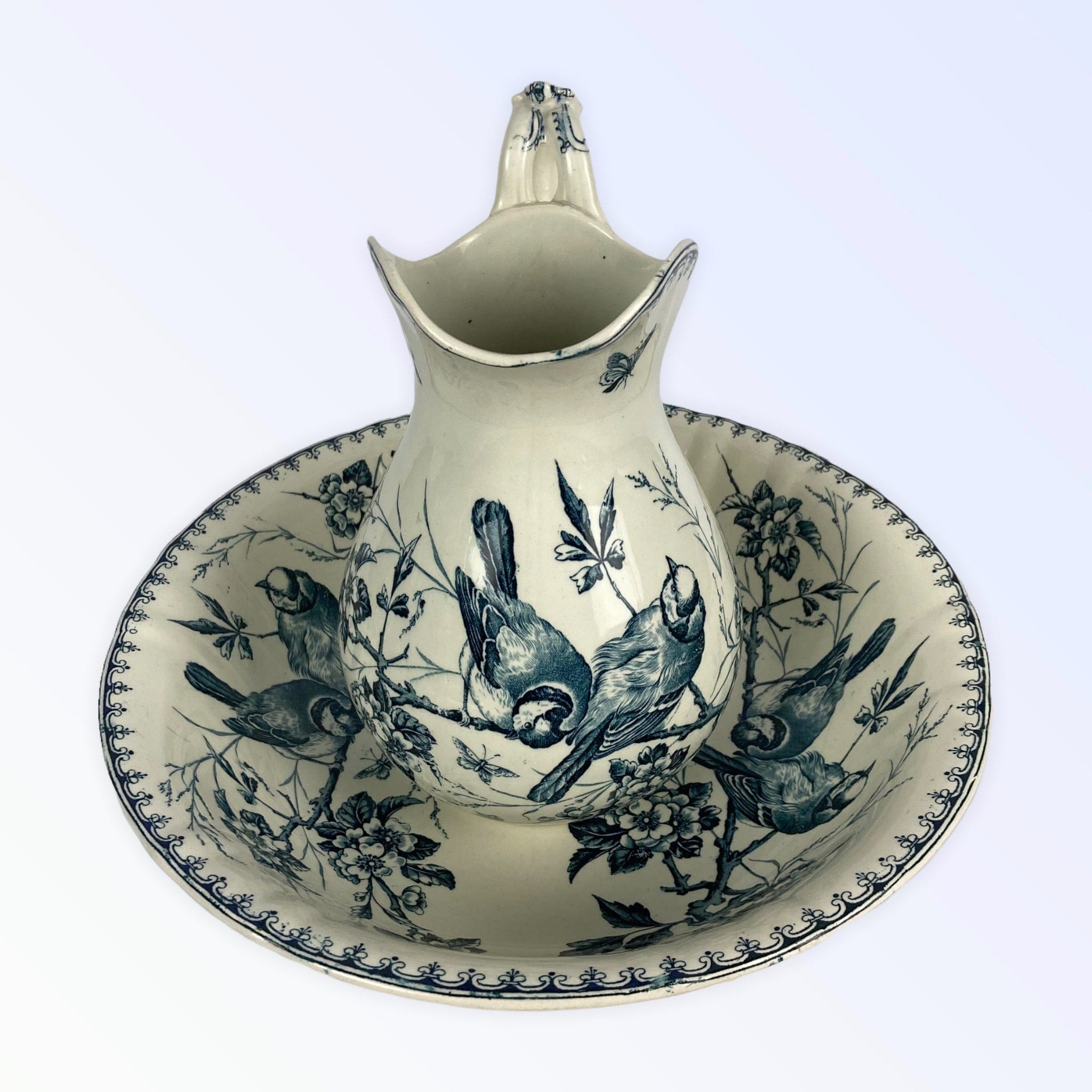 Ancien broc bassin faïence toilette Lunéville Keller & Guerain Mésanges