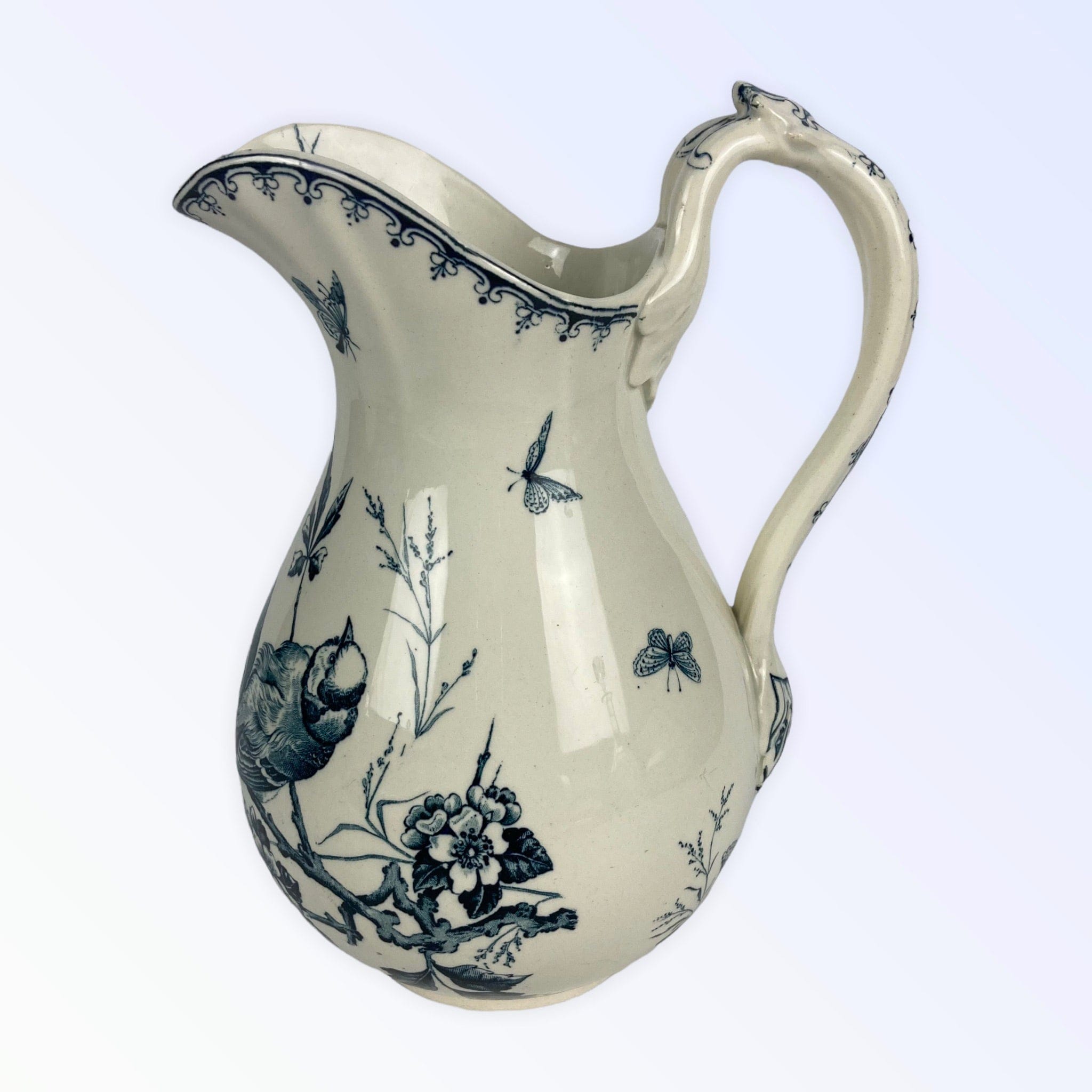 Ancien broc bassin faïence toilette Lunéville Keller & Guerain Mésanges