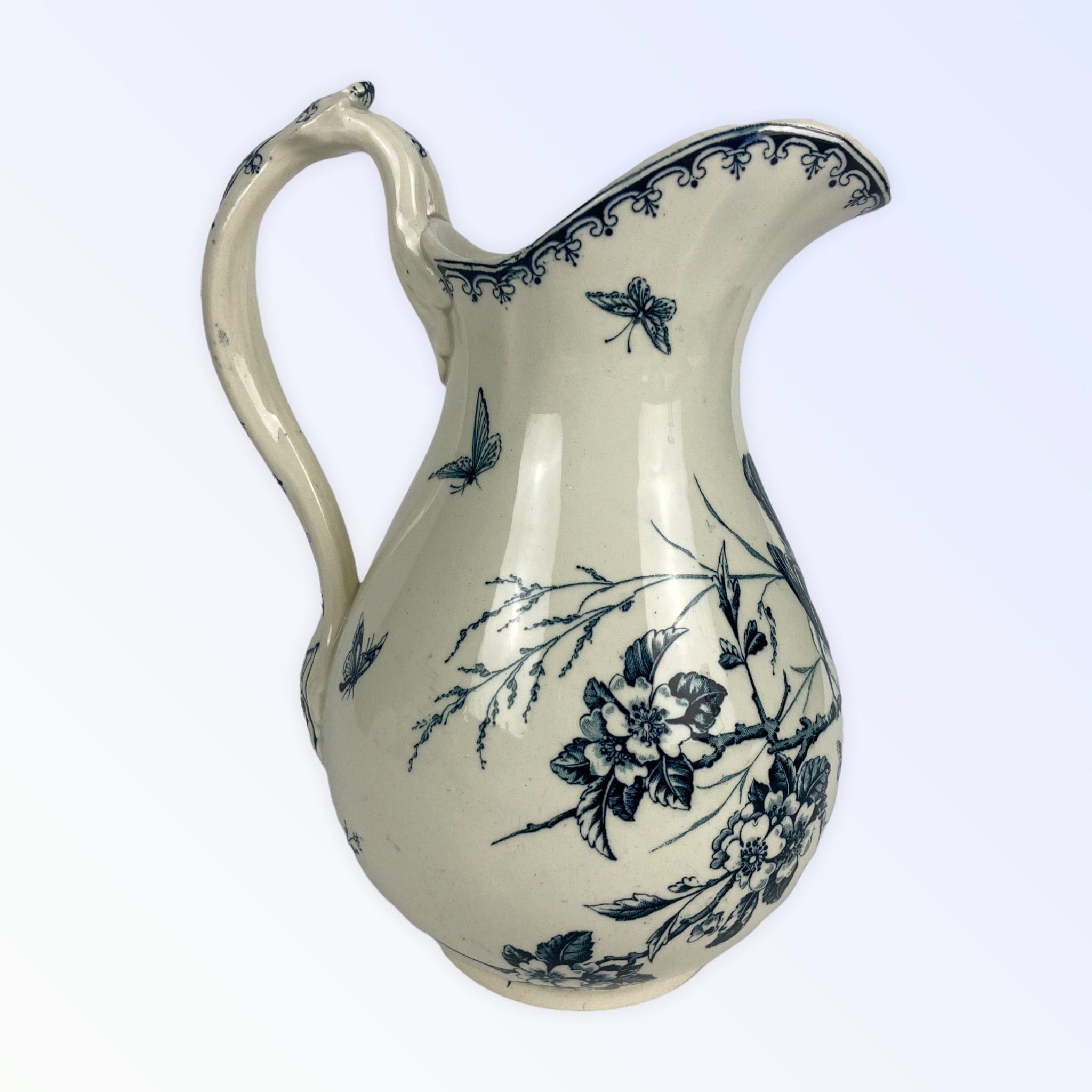 Ancien broc bassin faïence toilette Lunéville Keller & Guerain Mésanges