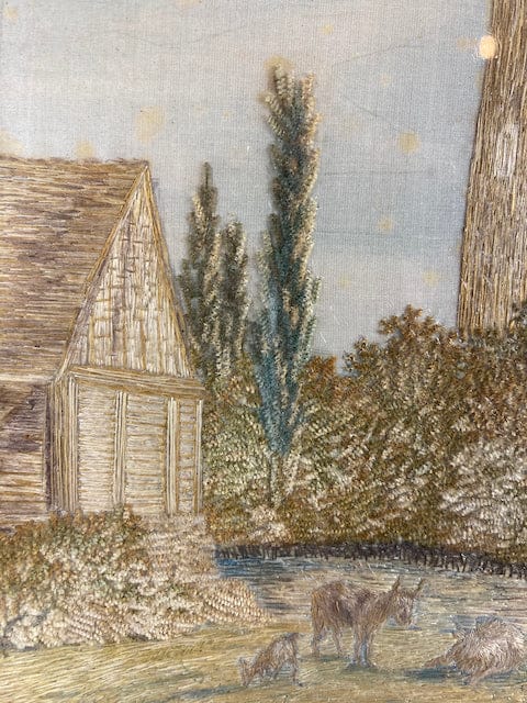 Table Embroidery on Chenillé Silk Landscape old work XIX