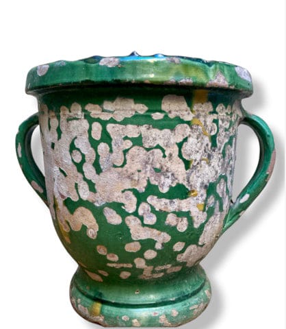 Зеленый глазурованный терракотовый горшок XIX "Кастельнодари" старинная керамика