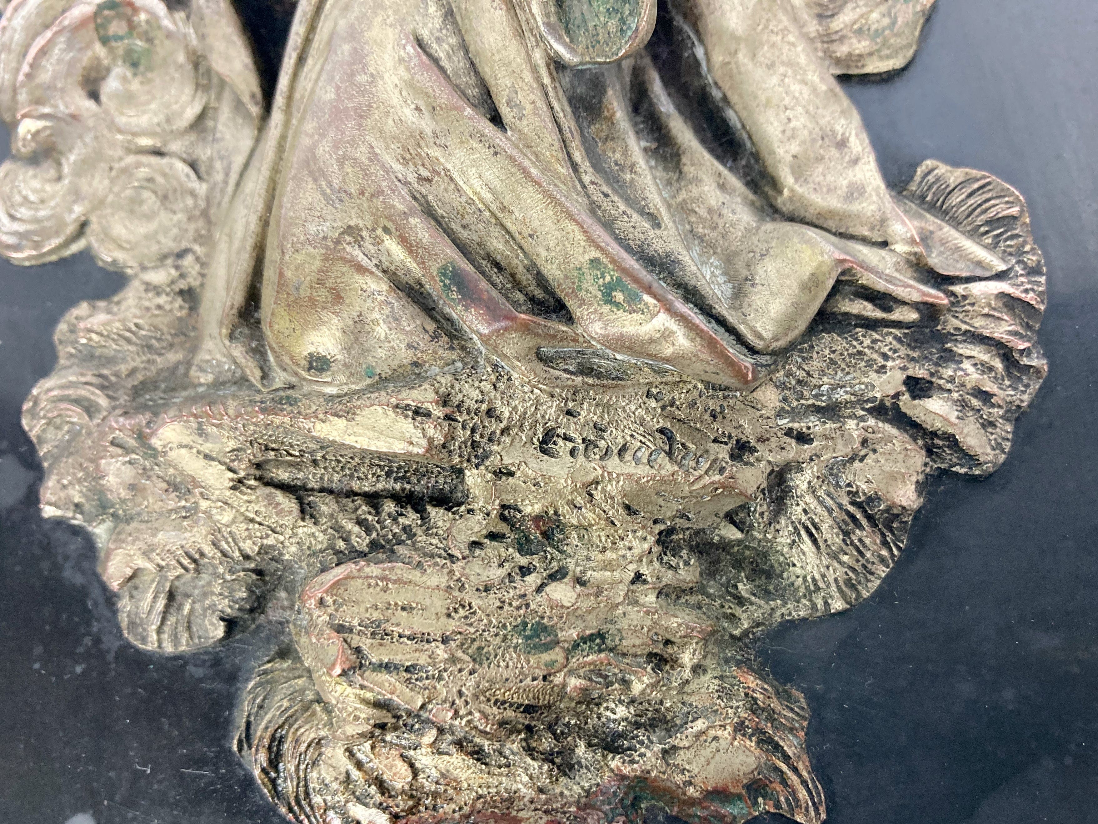 Bénitier ancien bronze argenté et marbre noir xix christ