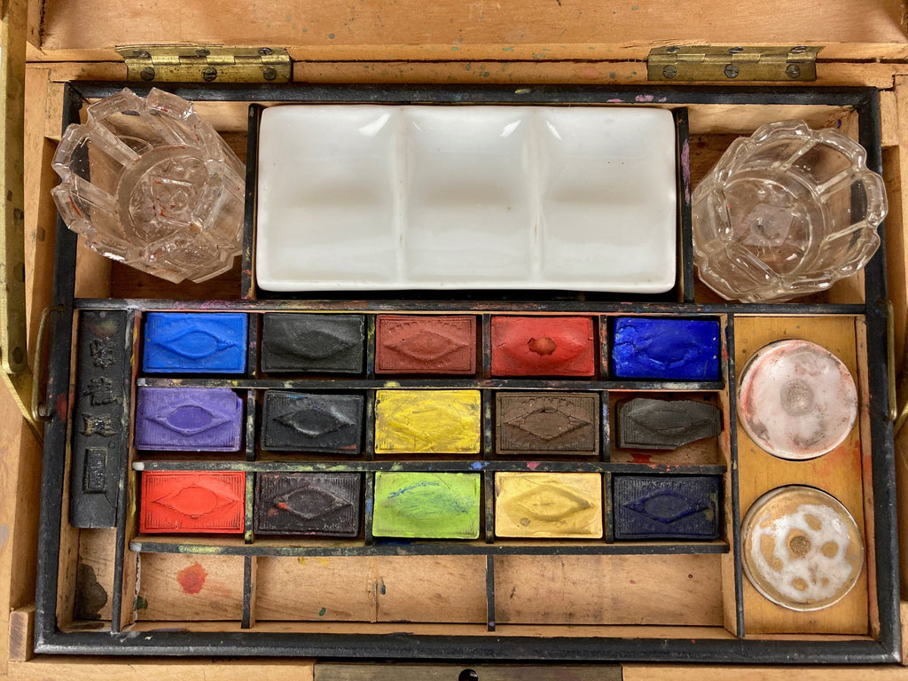 Ancien coffret de campagne voyage aquarelle 1900 boite aquarelliste