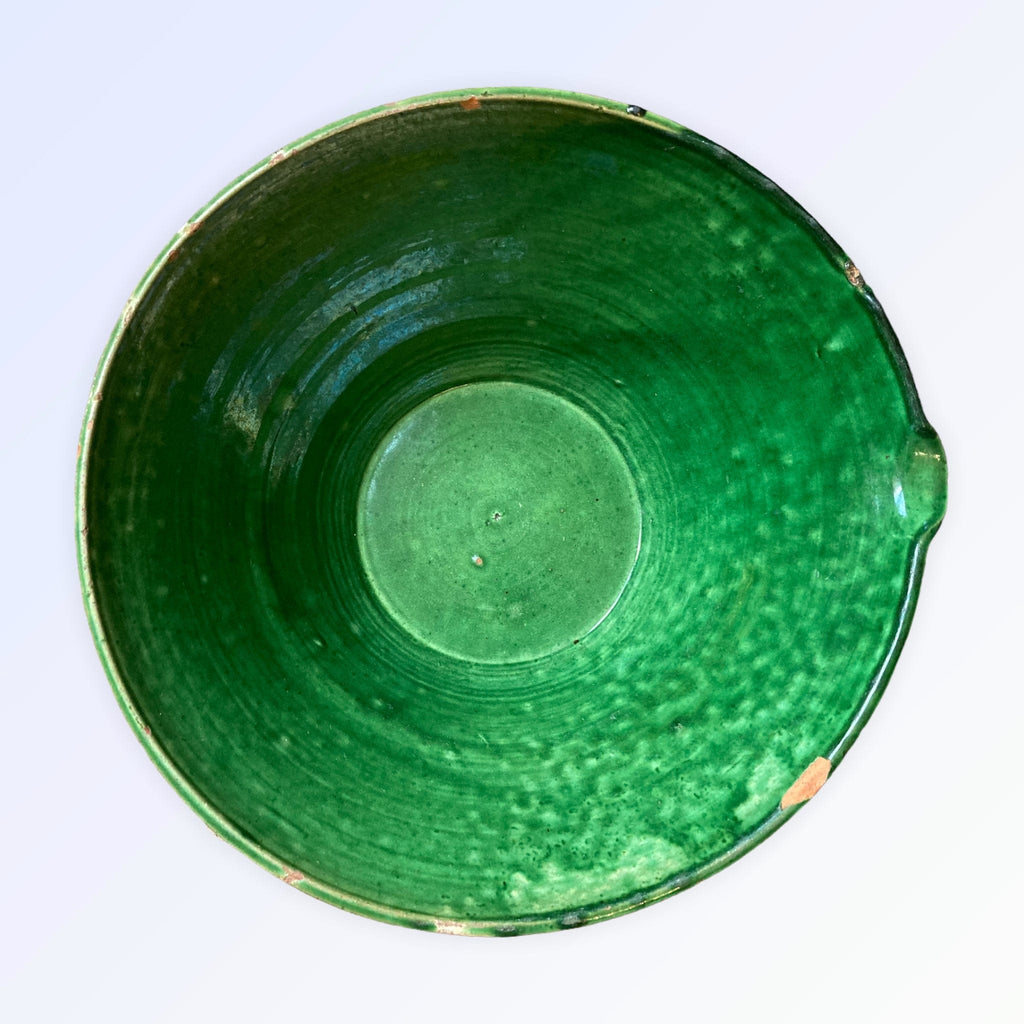 Gardale, ancienne jatte, tian, grésaille en terre cuite vernissée vert pôt à confit