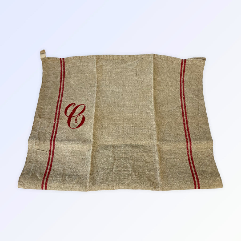 Torchon ancien chanvre naturel à liteaux rouges et grande initiale